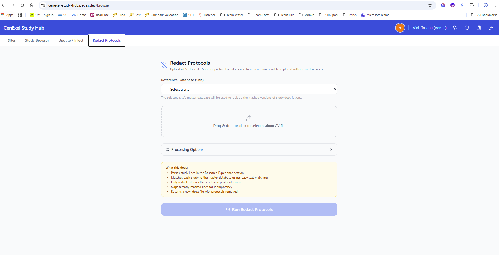 Web application showing the Redact Protocols view for masking sensitive study information